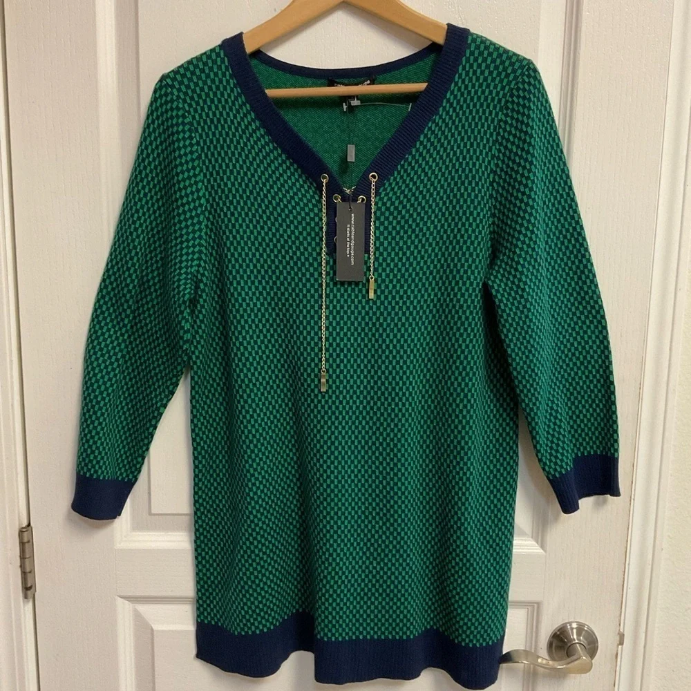 Cable & Gauge Green Navy Textured Knit Tunic Sweater Lace-Up Neck Size L NWT